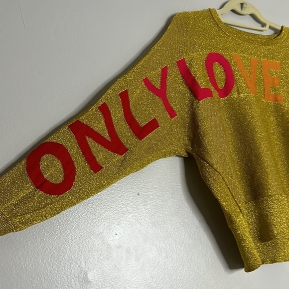 RACHEL ROY Gold Stretch Metallic Ribbed Graphic Long Sleeve Crew Neck Sweater Md - Picture 3 of 9